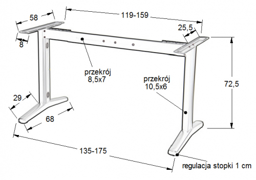 Stelaż metalowy do stołu/biurka STT-01 z regulacją długości belki 119-159 x szer.58 x wys. 72,5 cm, kolor aluminium