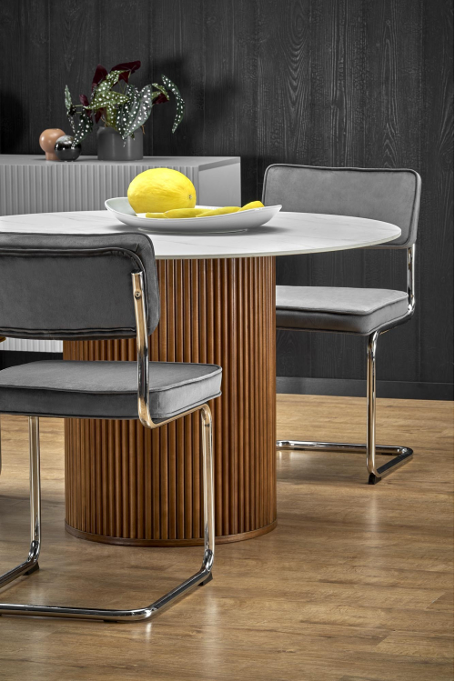 BRUNO stół okrągły fi 120/76 cm, biały marmur / orzechowy