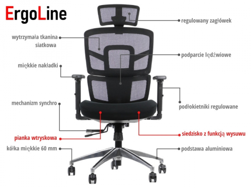 Fotel biurowy obrotowy TREX czarny podstawa aluminiowa