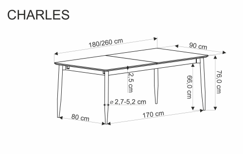 CHARLES stół rozkładany 180-260/90/76/80-170 cm; blat - popielaty marmur, nogi - czarny