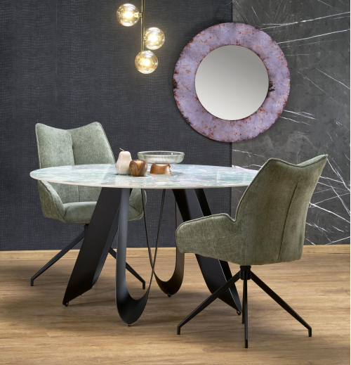 GIOVANI stół okrągły 135/76/60 cm, blat - zielony marmur, nogi - czarny