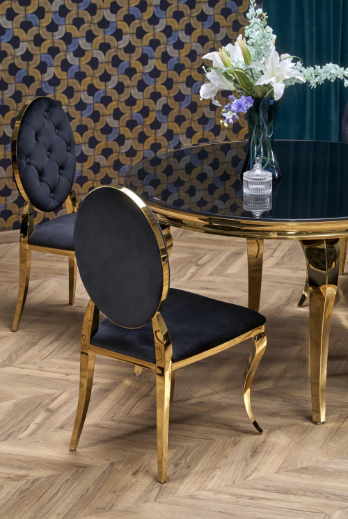 REGINALD_2 stół okrągły 120/76 cm, blat - szkło czarny, nogi - złoty