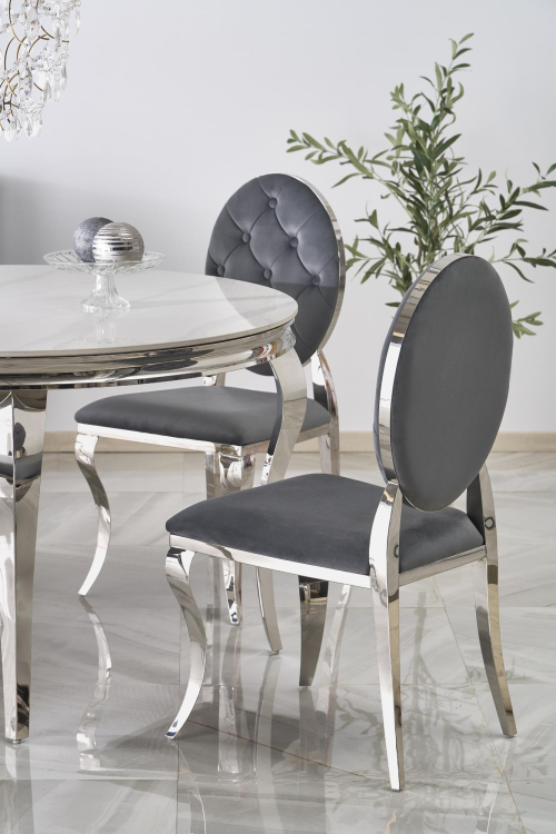 REGINALD stół okrągły 120/76 cm, blat - biały marmur, nogi - srebrny