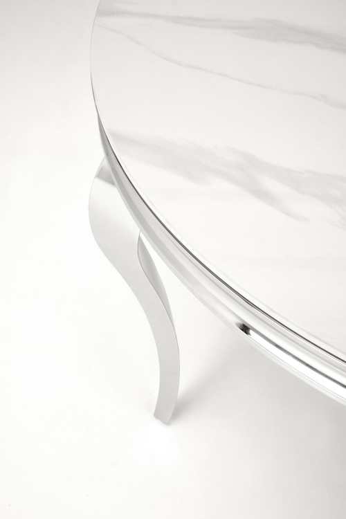 REGINALD stół okrągły 120/76 cm, blat - biały marmur, nogi - srebrny