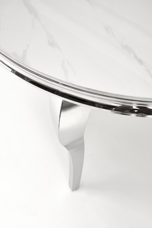 REGINALD stół okrągły 120/76 cm, blat - biały marmur, nogi - srebrny