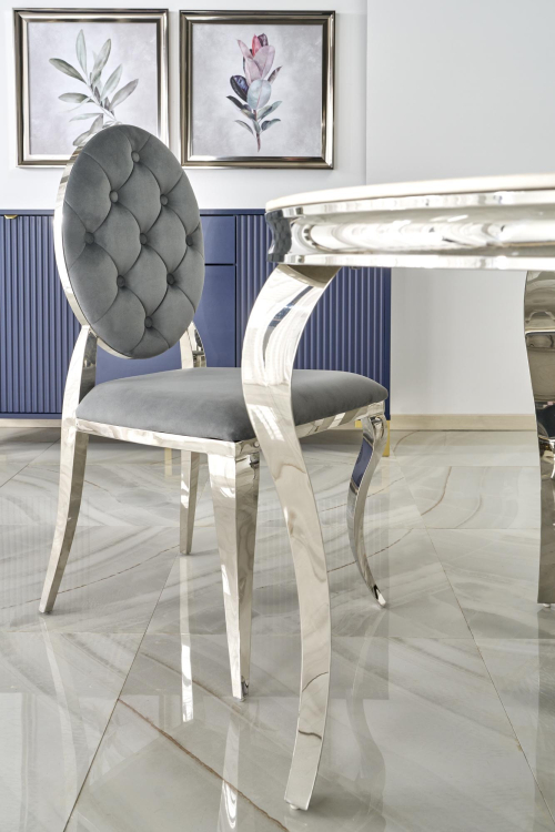 REGINALD stół okrągły 120/76 cm, blat - biały marmur, nogi - srebrny