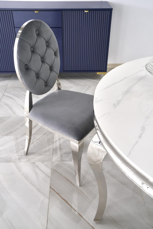 REGINALD stół okrągły 120/76 cm, blat - biały marmur, nogi - srebrny
