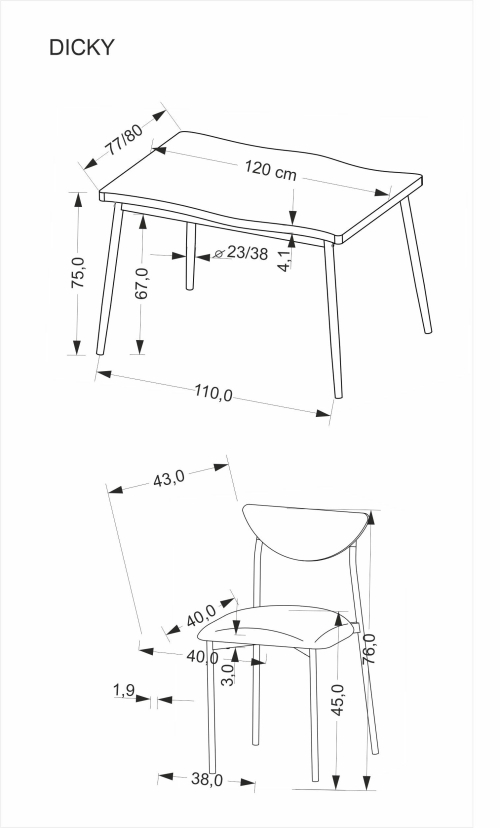 DICKY zestaw stół + 4 krzesła,  naturalny / czarny / popielaty